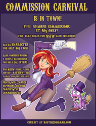 Size: 1280x1680 | Tagged: safe, artist:nauth, spike, sunset shimmer, human, g4, commission, commission info, female, flying broomstick, humanized, magician, male