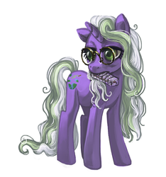 Size: 749x800 | Tagged: safe, artist:dimespin, oc, oc only, oc:worldbuilder, pony, unicorn, glasses, mouth hold, pill box, solo