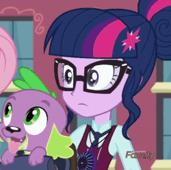 Size: 505x501 | Tagged: safe, screencap, fluttershy, sci-twi, spike, spike the regular dog, twilight sparkle, dog, equestria girls, g4, my little pony equestria girls: friendship games, animated, cropped, discovery family logo
