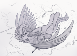 Size: 2000x1460 | Tagged: safe, artist:yakovlev-vad, oc, oc only, pegasus, pony, angry, arrow, dodge, flying, monochrome, sketch, spread wings