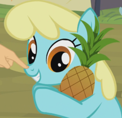 Size: 392x380 | Tagged: safe, edit, edited screencap, screencap, sassaflash, pony, g4, trade ya!, boop, boop edit, female, food, hand, mare, pineapple, that pony sure does love pineapples