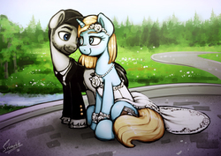 Size: 4962x3507 | Tagged: safe, artist:selenophile, earth pony, pony, unicorn, g4, bedroom eyes, blushing, clothes, cute, dress, eye contact, hat, looking at each other, sitting, smiling, suit, tailcoat, wedding dress