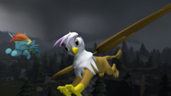 Size: 1024x576 | Tagged: safe, artist:iownu142, gilda, rainbow dash, griffon, g4, 3d, flying, source filmmaker