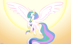 Size: 1920x1200 | Tagged: safe, artist:deeptriviality, princess celestia, g4, crying, eyes closed, female, flying, sad, solo, spread wings, sun, wallpaper