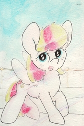 Size: 683x1015 | Tagged: safe, artist:slightlyshade, blossomforth, g4, female, open mouth, raised hoof, solo, traditional art