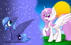 Size: 2812x1796 | Tagged: safe, artist:pegasister2251, princess celestia, princess luna, g4, cewestia, cute, female, filly, filly celestia, filly luna, floppy ears, pink mane, pink-mane celestia, raised hoof, s1 luna, sitting, spread wings, woona, younger