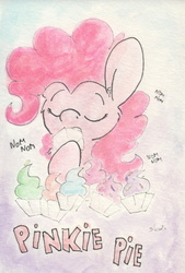 Size: 679x1007 | Tagged: safe, artist:slightlyshade, pinkie pie, earth pony, pony, g4, cupcake, eating, eyes closed, female, food, mare, nom, solo, traditional art