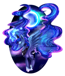 Size: 1024x1188 | Tagged: safe, artist:konnyart, princess luna, g4, eyes closed, female, flying, magic, moon, solo