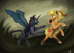 Size: 6818x4947 | Tagged: safe, artist:vinicius040598, applejack, changeling, g4, absurd resolution, fight, gritted teeth, growling, open mouth, rearing