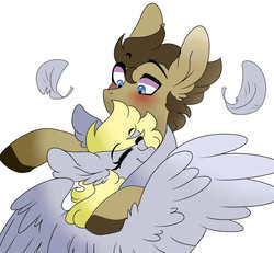 Size: 6500x6000 | Tagged: safe, artist:scarletskitty12, derpy hooves, doctor whooves, time turner, pegasus, pony, g4, absurd resolution, eyes closed, feather, female, fluffy, glomp, hug, male, mare, ship:doctorderpy, shipping, simple background, straight