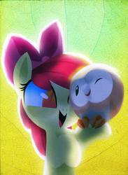 Size: 1100x1500 | Tagged: safe, artist:talonsofwater, apple bloom, pony, rowlet, g4, adorabloom, bipedal, crossover, cute, female, filly, foal, hoof hold, open mouth, pokémon, pokémon sun and moon, sweet dreams fuel