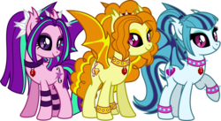 Size: 5592x3075 | Tagged: safe, artist:osipush, adagio dazzle, aria blaze, sonata dusk, equestria girls, g4, absurd resolution, alternate universe, black sclera, bracelet, choker, equestria girls ponified, gem, heroes of might and magic, jewelry, pendant, ponies of flight and magic, ponified, raised hoof, siren gem, smiling, spiked choker, spiked wristband, the dazzlings, trio