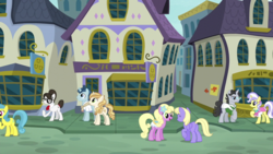 Size: 640x360 | Tagged: safe, screencap, jet set, lemon hearts, orange blossom, polo play, prim posy, spring forward, sweet biscuit, upper crust, writing desk, earth pony, pegasus, pony, unicorn, g4, spice up your life, architecture, background pony, building, canterlot, female, las pegasus resident, male, mare, restaurant row, romana, stallion