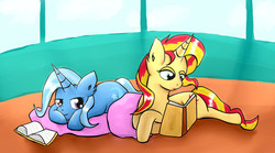 Size: 4972x2771 | Tagged: safe, artist:katrina-mae, sunset shimmer, trixie, pony, unicorn, g4, book, counterparts, duo, mastery obsessors, pillow, prone, reading, twilight's counterparts