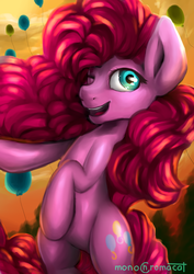 Size: 2507x3541 | Tagged: safe, artist:monochromacat, pinkie pie, earth pony, pony, g4, balloon, bipedal, female, high res, one eye closed, solo, wink