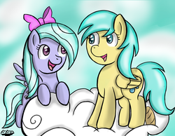 Size: 1420x1100 | Tagged: safe, artist:freefraq, flitter, sunshower raindrops, pony, g4, cloud, duo