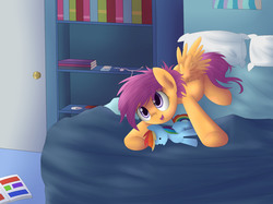Size: 1960x1465 | Tagged: safe, artist:vanillaghosties, rainbow dash, scootaloo, pegasus, pony, g4, bed, book, bookshelf, comic book, cute, cutealoo, female, filly, foal, lying down, open mouth, open smile, pillow, plushie, prone, rainbow dash plushie, shelf, smiling, solo, spread wings, wings