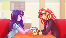 Size: 2085x1207 | Tagged: safe, artist:overlordneon, sunset shimmer, twilight sparkle, equestria girls, g4, my little pony equestria girls: friendship games, clothes, coffee, deleted scene, duo, female, lesbian, looking at each other, scene interpretation, ship:sunsetsparkle, shipping, smiling, twilight sparkle (alicorn)