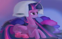 Size: 5000x3157 | Tagged: safe, artist:gentleshy, twilight sparkle, alicorn, pony, g4, clothes, female, on head, pillow, pillow hat, prone, shirt, socks, solo, striped socks, twilight sparkle (alicorn)