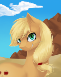 Size: 1500x1900 | Tagged: safe, artist:hashaskyk11, applejack, g4, female, grin, hatless, missing accessory, rock, smiling, solo, straw