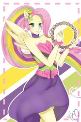 Size: 1200x1800 | Tagged: safe, artist:fangthecupcakeninjaa, fluttershy, equestria girls, g4, my little pony equestria girls: rainbow rocks, bad anatomy, cuffs (clothes), female, musical instrument, ponied up, small head, solo, tambourine