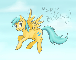 Size: 952x755 | Tagged: safe, artist:shiaran, sunshower raindrops, pegasus, pony, g4, birthday, cloud, female, flying, solo