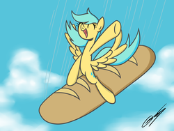 Size: 1400x1050 | Tagged: safe, artist:gearholder, sunshower raindrops, pony, raindropsanswers, g4, baguette, bread, dr. strangelove, eyes closed, falling, female, food, happy, open mouth, riding, smiling, solo, spread wings, that pony sure does love bread, wat, wtf