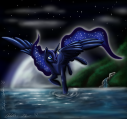 Size: 1600x1500 | Tagged: safe, artist:wolfangkun, princess luna, pony, g4, female, flying, moon, night, solo, stars, water