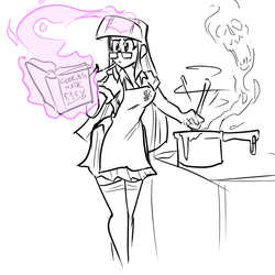 Size: 900x900 | Tagged: safe, artist:jonfreeman, twilight sparkle, human, g4, apron, book, clothes, cookbook, cooking, female, giving up the ghost, glasses, humanized, levitation, magic, miniskirt, sketch, skirt, skull, socks, solo, telekinesis, thigh highs, thigh socks, this will end in tears and/or breakfast
