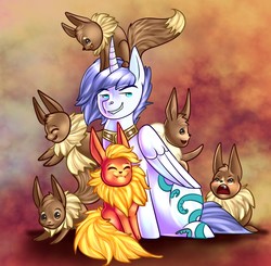 Size: 1034x1015 | Tagged: safe, artist:theneithervoid, oc, oc:netori, alicorn, eevee, flareon, pony, :3, :d, abstract background, alicorn oc, curved horn, cute, d:, eyes closed, fangs, funny, grin, horn, lidded eyes, looking at you, looking up, male, open mouth, pokémon, sitting, smiling, smirk, smug, stallion