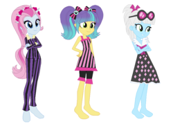 Size: 829x603 | Tagged: safe, artist:kimmyfinster2476pro, photo finish, pixel pizazz, violet blurr, equestria girls, g4, clothes, female, simple background, the snapshots, transparent background, trio, trio female