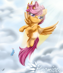 Size: 1028x1200 | Tagged: safe, artist:knifeh, scootaloo, pegasus, pony, blank flank, chest fluff, cloud, female, filly, flying, foal, scootaloo can fly, scooter, signature, solo, spread wings, wings