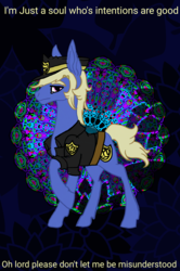 Size: 1600x2408 | Tagged: safe, artist:brainiac, oc, oc only, oc:officer bluebell, earth pony, pony, abstract background, clothes, fetish, full body, male, police, police officer, solo, stallion, text, uniform, uniform fetish