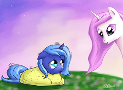 Size: 2103x1536 | Tagged: safe, artist:starhawknaktae, princess celestia, princess luna, pony, g4, blanket, crying, duo, female, filly, filly celestia, filly luna, outdoors, pink-mane celestia, sad, woona, younger