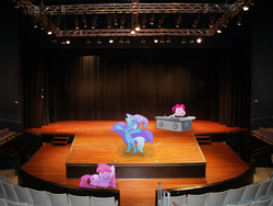 Size: 1040x780 | Tagged: safe, artist:afroninja617, berry punch, berryshine, pinkie pie, trixie, pony, unicorn, g4, bipedal, female, irl, lighting, mare, photo, ponies in real life, rehearsal, sleeping, stage, turntable, vector