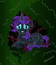 Size: 4016x4695 | Tagged: safe, artist:silverarrow87, oc, oc only, oc:nyx, alicorn, pony, fanfic:past sins, absurd resolution, alicorn oc, bush, floppy ears, injured, looking at you, scared, solo