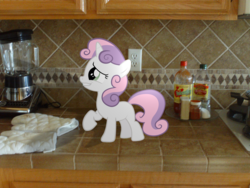 Size: 2592x1944 | Tagged: safe, artist:judgementmaster, sweetie belle, pony, unicorn, g4, blender (object), female, filly, irl, kitchen, photo, ponies in real life, raised hoof, this will end in tears and/or breakfast, this will end the kitchen, vector, xk-class end-of-the-kitchen scenario