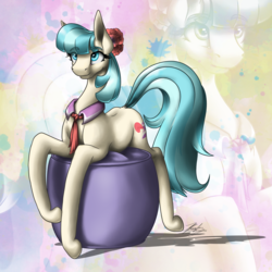 Size: 2500x2500 | Tagged: safe, artist:cloud-dash, coco pommel, g4, anatomically incorrect, bad anatomy, beanbag chair, female, high res, incorrect leg anatomy, long legs, solo