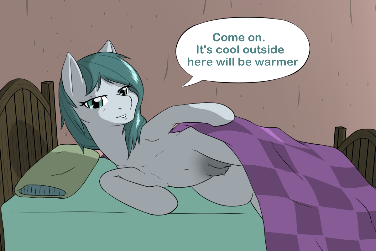 1201625 - questionable, artist:sewlde, cloudy quartz, earth pony, pony, g4,  alternate hairstyle, bed, bedroom eyes, belly button, crotchboobs,  dialogue, female, milf, missing accessory, nipples, nudity, pillow,  smiling, solo, solo female, speech bubble,