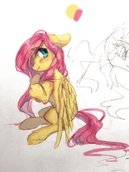 Size: 3024x4032 | Tagged: safe, artist:rocy canvas, fluttershy, pegasus, pony, g4, colored sketch, female, floppy ears, looking away, looking up, profile, sitting, sketch, solo, traditional art, wings