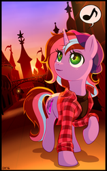 Size: 703x1120 | Tagged: safe, artist:sorcerushorserus, oc, oc only, oc:ashleigh, pony, unicorn, clothes, horn, music notes, solo, sunset, unicorn oc