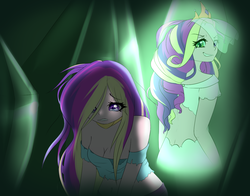 Size: 1400x1100 | Tagged: safe, artist:akimi--chan, princess cadance, queen chrysalis, changeling, human, a canterlot wedding, g4, bare shoulders, clothes, crying, disguise, disguised changeling, dress, evil smile, eye clipping through hair, fake cadance, female, green eyes, grin, hair over one eye, humanized, looking back, midriff, off shoulder, scene interpretation, smiling, solo, this day aria, torn clothes, wedding dress