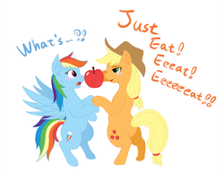 Size: 1079x832 | Tagged: safe, artist:brownedtoast, applejack, rainbow dash, pony, g4, apple, bipedal, blushing, cowboy hat, dialogue, exclamation point, female, food, hat, interrobang, lesbian, mare, open mouth, pixiv, question mark, ship:appledash, shipping, stetson