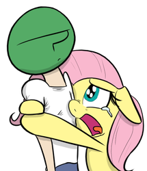 Size: 383x445 | Tagged: safe, artist:shoutingisfun, fluttershy, oc, oc:anon, human, pegasus, pony, g4, crying, female, floppy ears, frown, hug, human male, male, mare, open mouth, sad, simple background, tongue out, unamused, white background