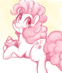 Size: 1761x2087 | Tagged: safe, artist:glacierclear, pinkie pie, earth pony, pony, g4, :t, blushing, cupcake, cute, diapinkes, ear fluff, eating, female, food, gradient background, hoof hold, looking at you, looking back, mare, nose wrinkle, ponk, prone, puffy cheeks, solo, sploot