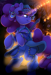 Size: 3000x4450 | Tagged: safe, artist:madacon, pinkie pie, earth pony, pony, g4, clothes, color porn, female, gypsy pie, high res, mandolin, mare, music notes, musical instrument, romani, solo