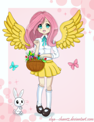 Size: 1755x2279 | Tagged: safe, artist:elya--chan12, angel bunny, fluttershy, butterfly, human, rabbit, g4, adorkable, animal, basket, blouse, clothes, cute, female, flower, flower basket, humanized, mary janes, moe, pleated skirt, shoes, skirt, socks, solo, winged humanization, wings