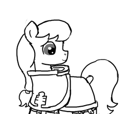 Size: 640x600 | Tagged: safe, artist:ficficponyfic, oc, oc only, oc:hope blossoms, earth pony, pony, colt quest, adult, cloak, clothes, female, hood, mare, monochrome, ponytail, robe, smiling, solo focus, story included, worried