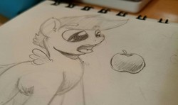 Size: 1280x759 | Tagged: safe, artist:flowbish, scootaloo, g4, apple, female, food, open mouth, pencil drawing, solo, traditional art