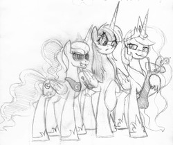 Size: 5036x4216 | Tagged: safe, artist:drawponies, princess celestia, princess luna, oc, oc:fausticorn, alicorn, pony, g4, absurd resolution, alcohol, alicorn oc, sketch, sunglasses, traditional art